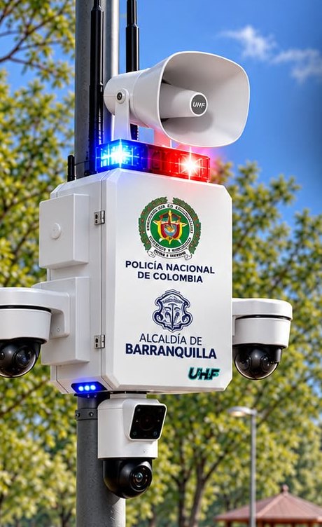 Punto de alerta UHF instalado en poste: sirena, estrobos, gabinete y cámaras